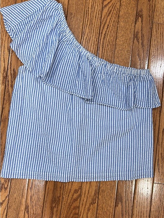 Vineyard Vines Tops - Vineyard Vines Blue and White Striped One-Shoulder Ruffle Tunic